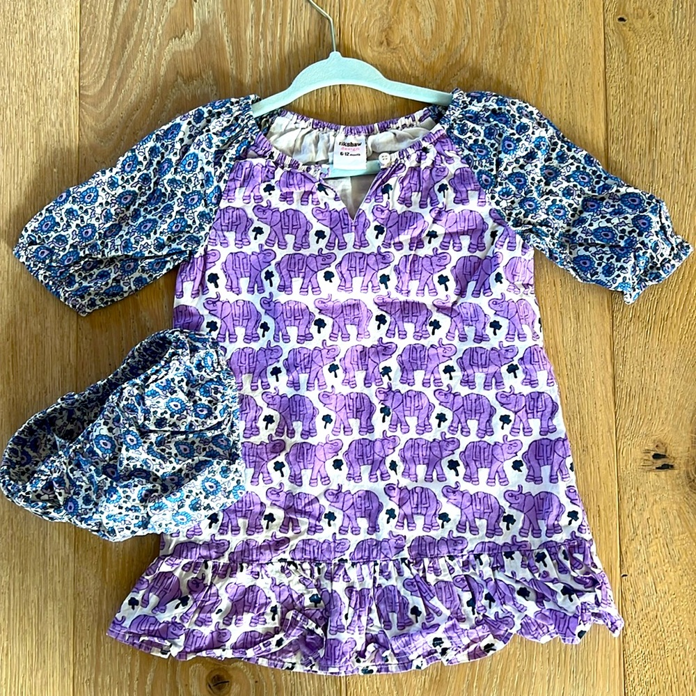 Rickshaw Baby dress 6-12 w matching bloomer. Elephant/ floral print. NWOT